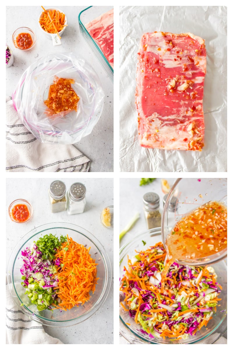four photos showing how to make thai beef tacos