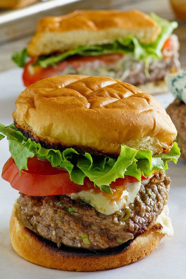 Blue Cheese Burgers from RecipeGirl.com #bluecheese #burgers #recipe #RecipeGirl Close Up Blue Cheese Burgers