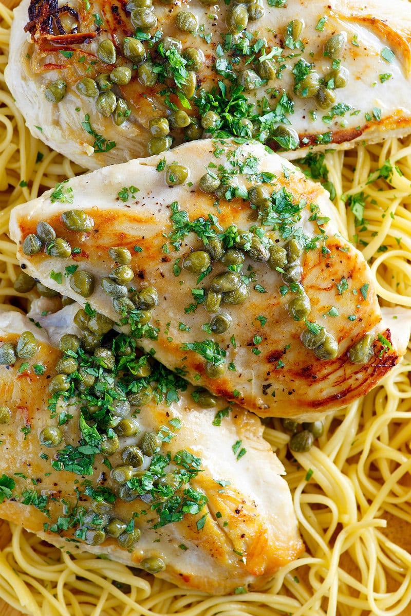 Chicken with Lemon Caper Sauce served over pasta