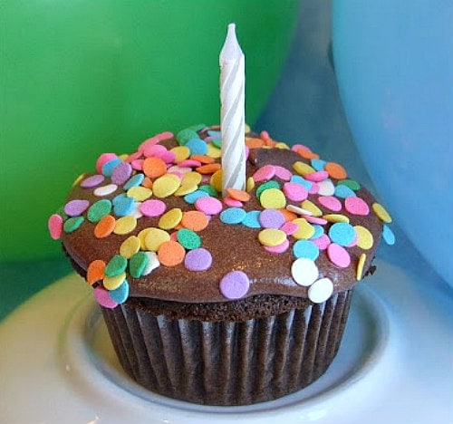 Devil's Food Cupcakes with sprinkles and a birthday candle