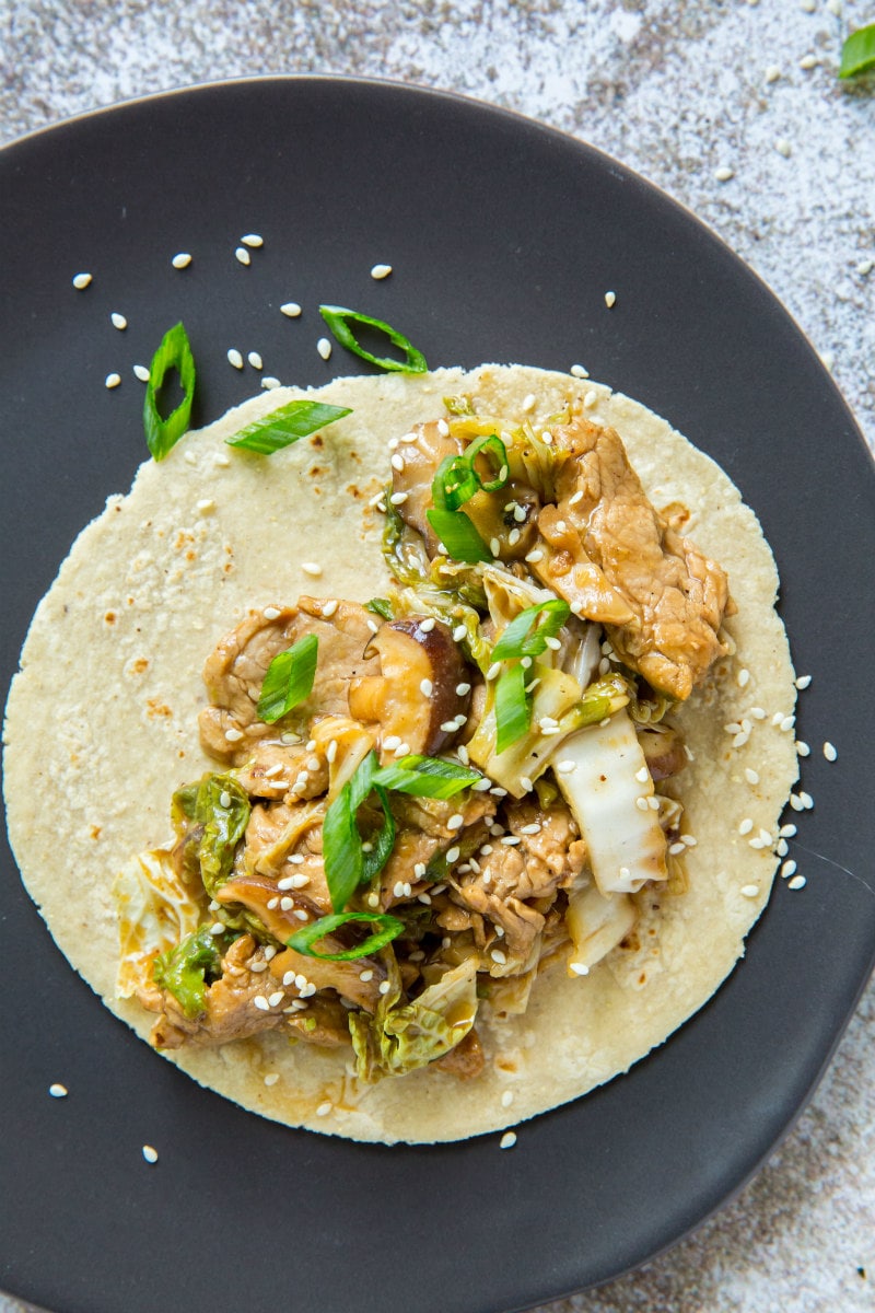 Mu Shu Pork served in Flour Tortilla