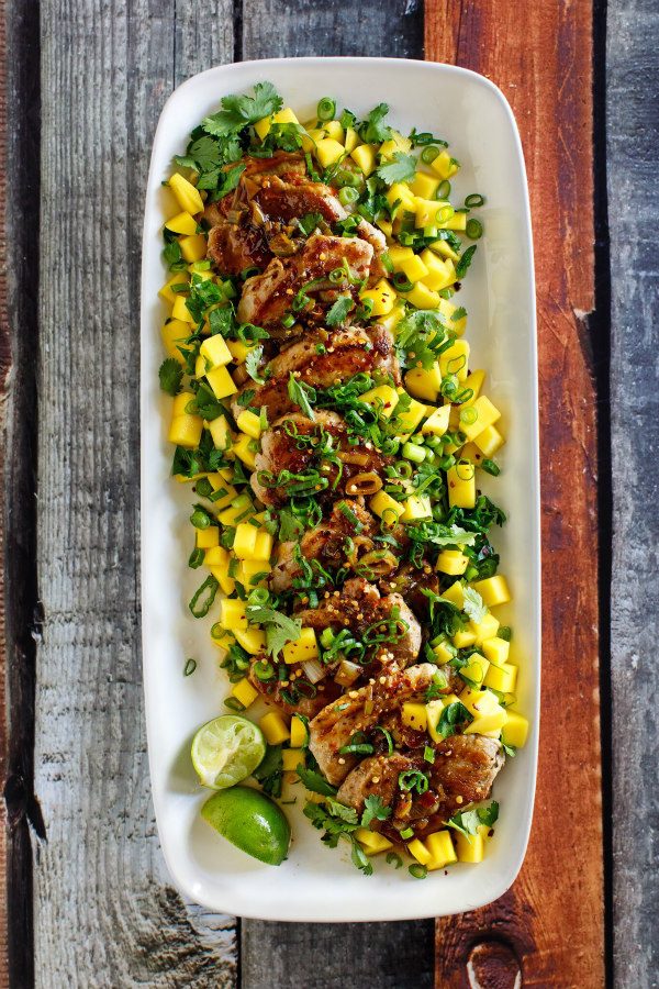 Pork Tenderloin with Mango Lime Salsa on a platter