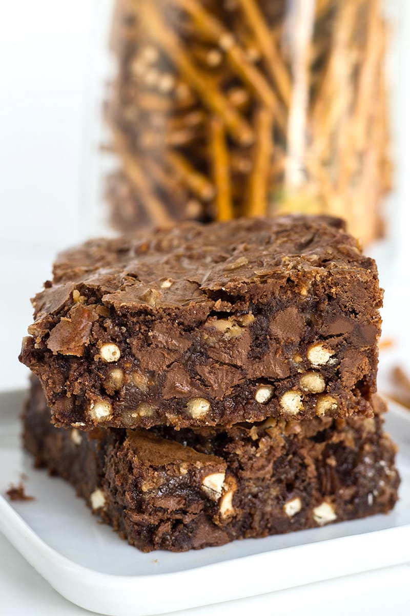 stack of Pretzel Toffee Chip Brownies