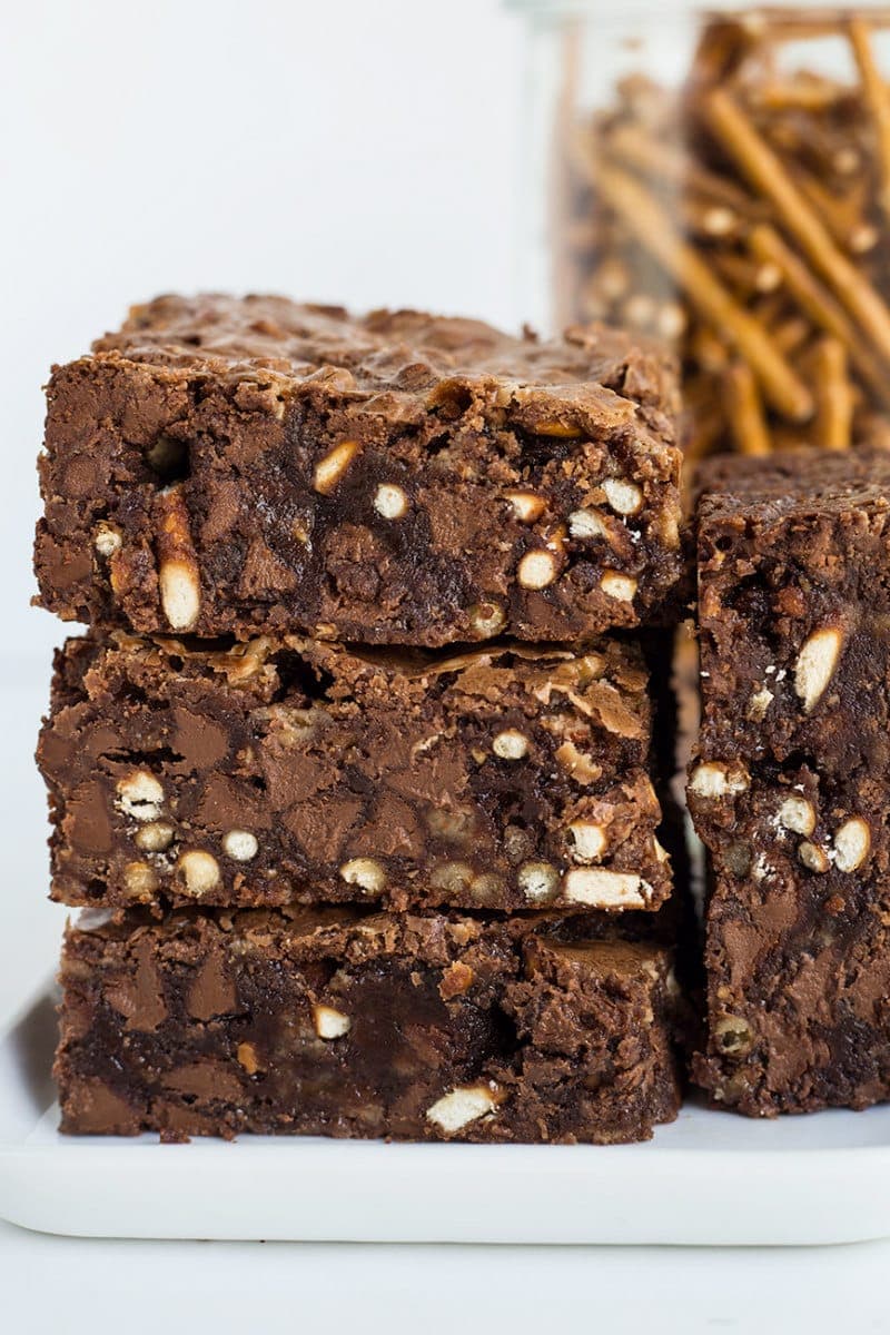 stack of Pretzel Toffee Chip Brownies