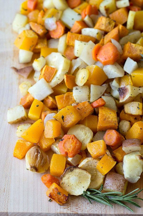 Roasted Autumn Vegetables recipe from RecipeGirl.com Roasted Autumn Vegetables on cutting board