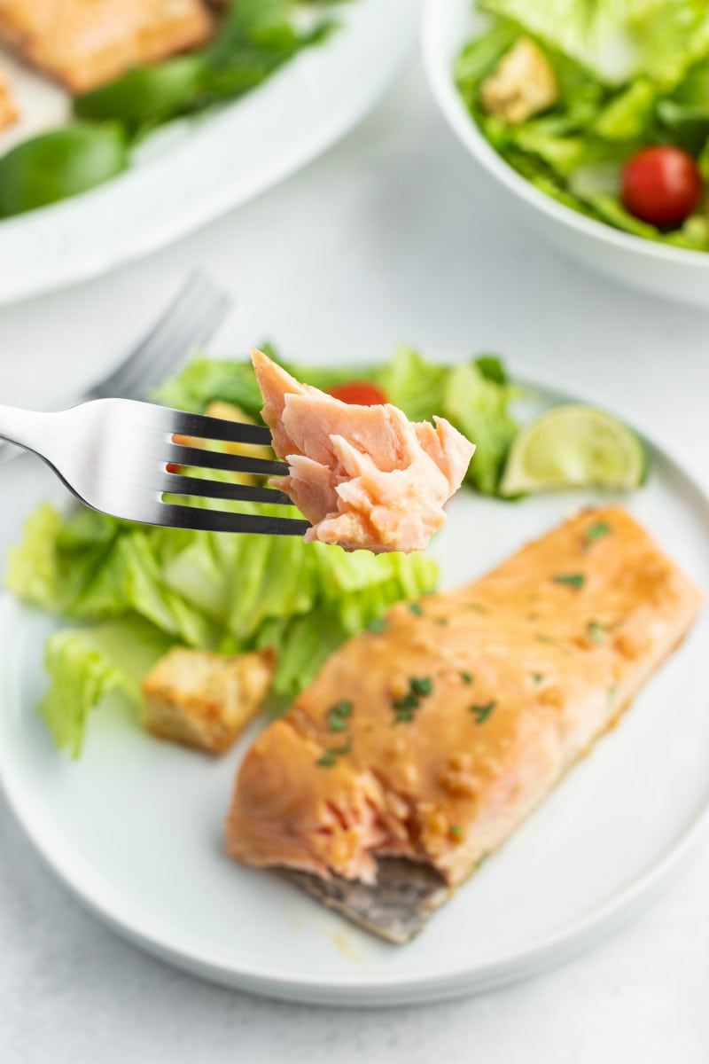 forkful of cooked salmon hovering over a white dinner plate of salmon and salad