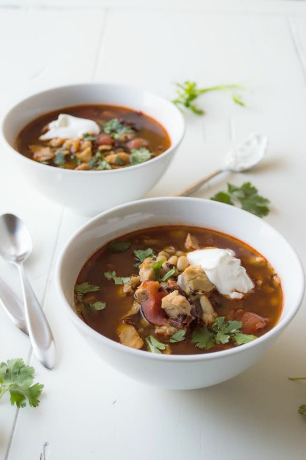 Chipotle Chicken and Tomato Soup Rin two white bowls