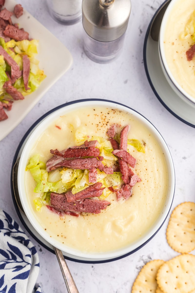 bowl of corned beef and cabbage soup