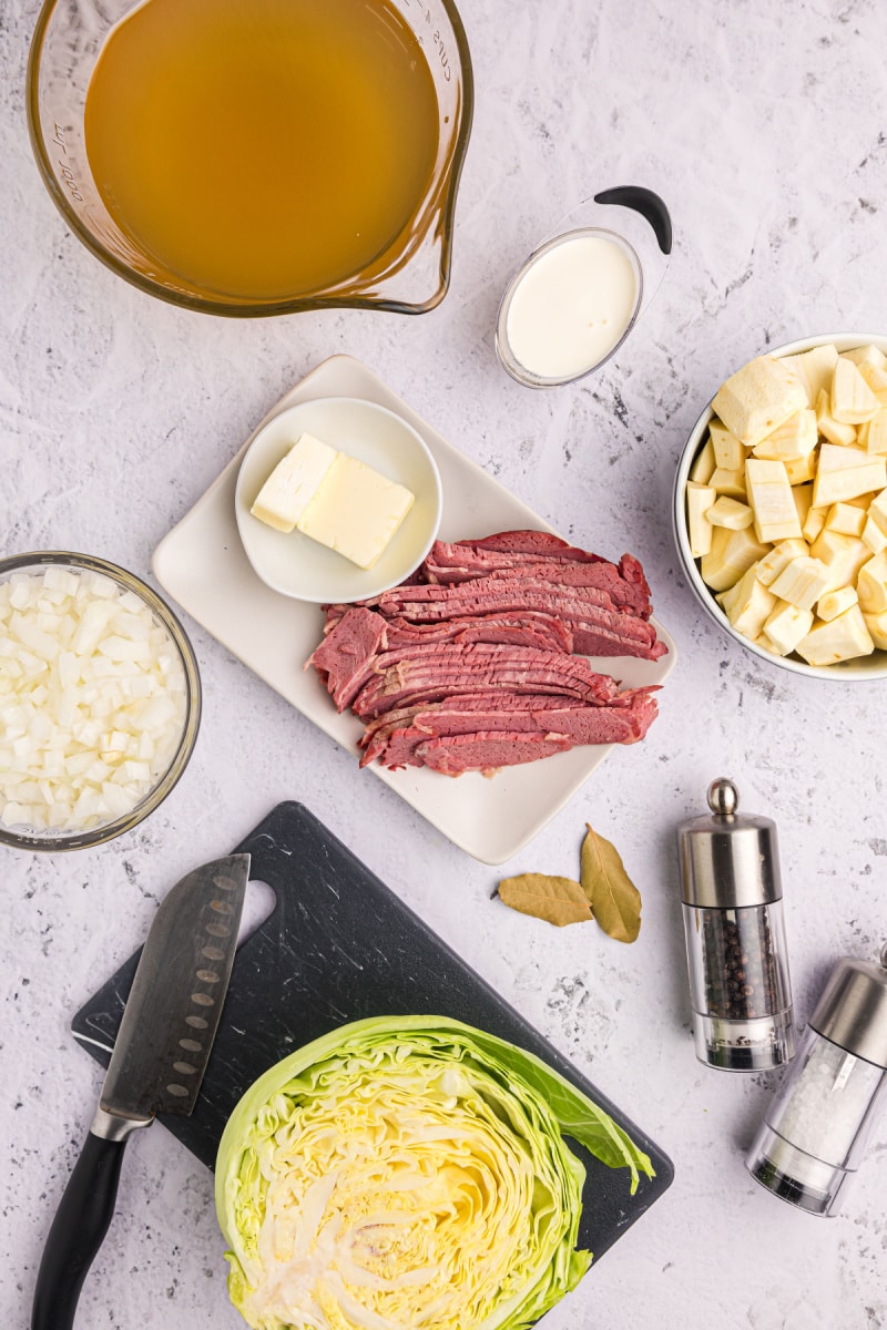 ingredients displayed for making corned beef and cabbage soup
