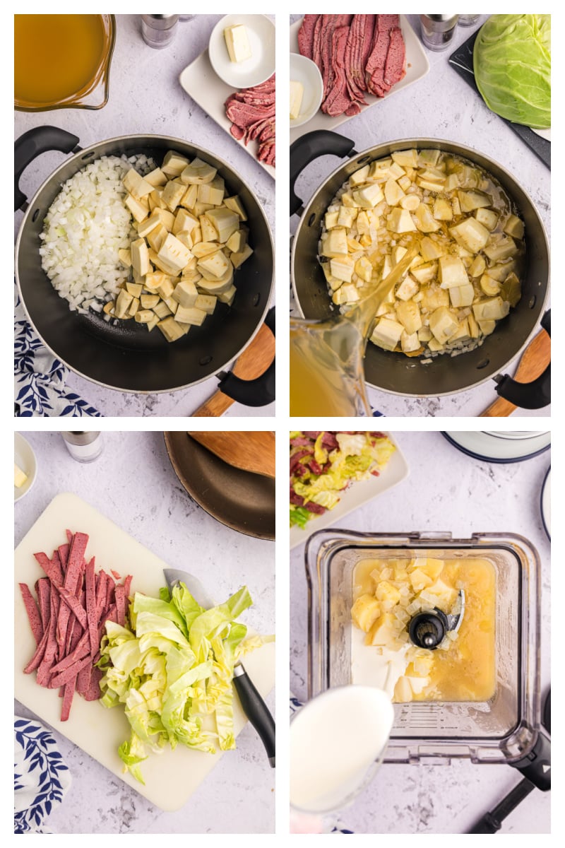 four photos showing how to make corned beef and cabbage soup