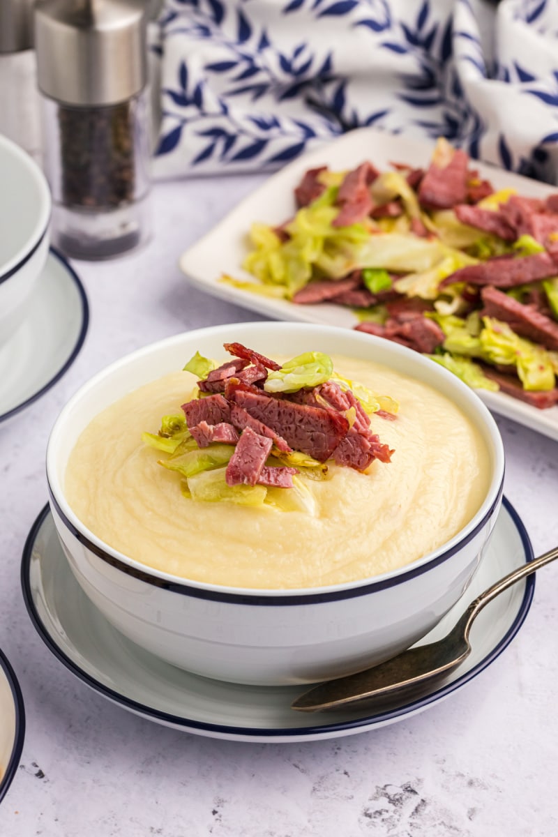 bowl of corned beef and cabbage soup