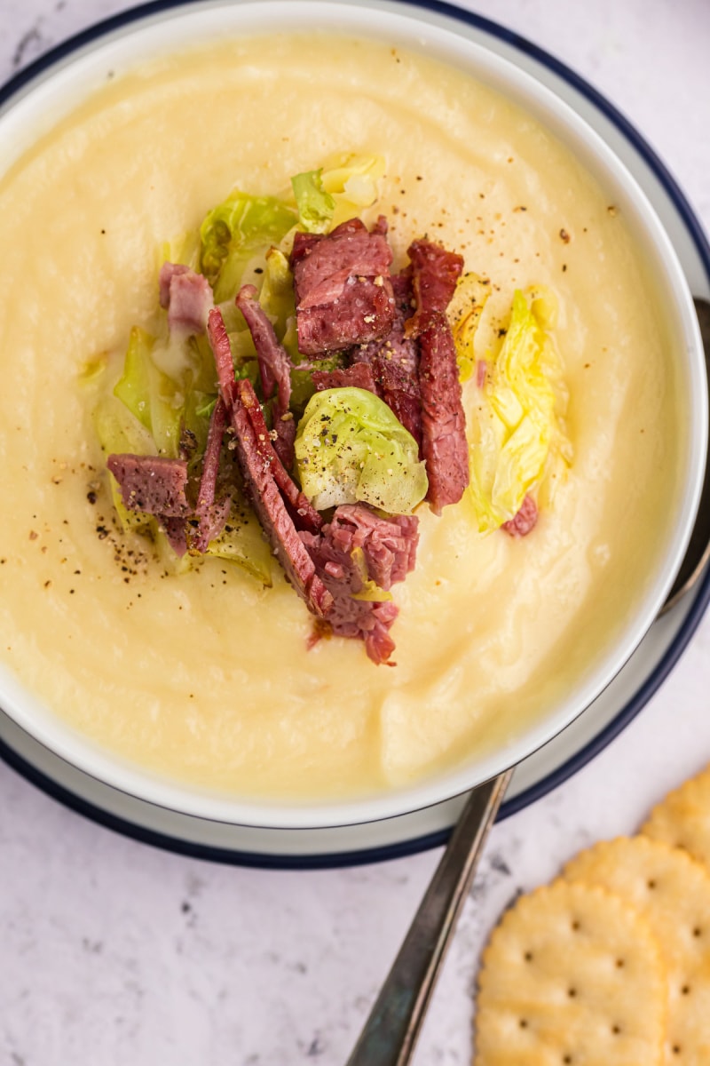 bowl of corned beef and cabbage soup