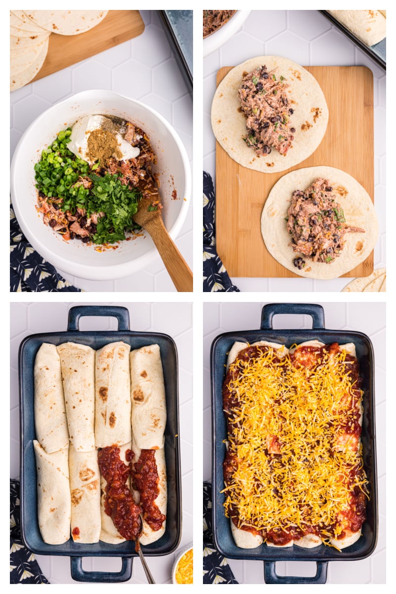 four photos showing how to make cranberry turkey enchiladas