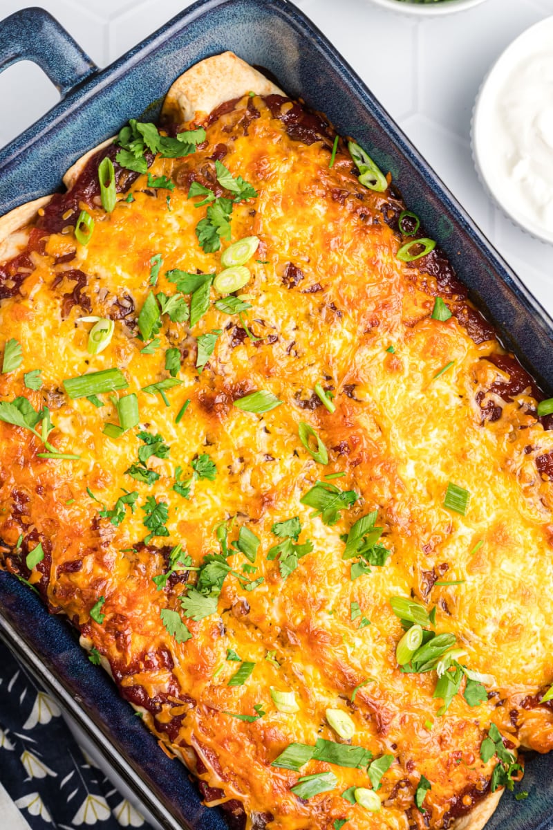 cranberry turkey enchiladas in a pan