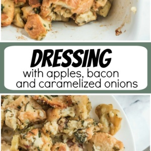 pinterest collage image for dressing with apples, bacon and caramelized onions