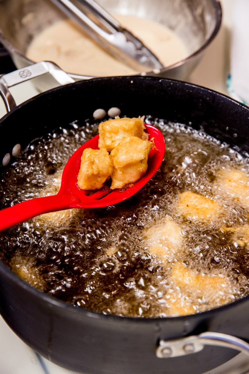 Frying fish for Beer Battered Fish Tacos