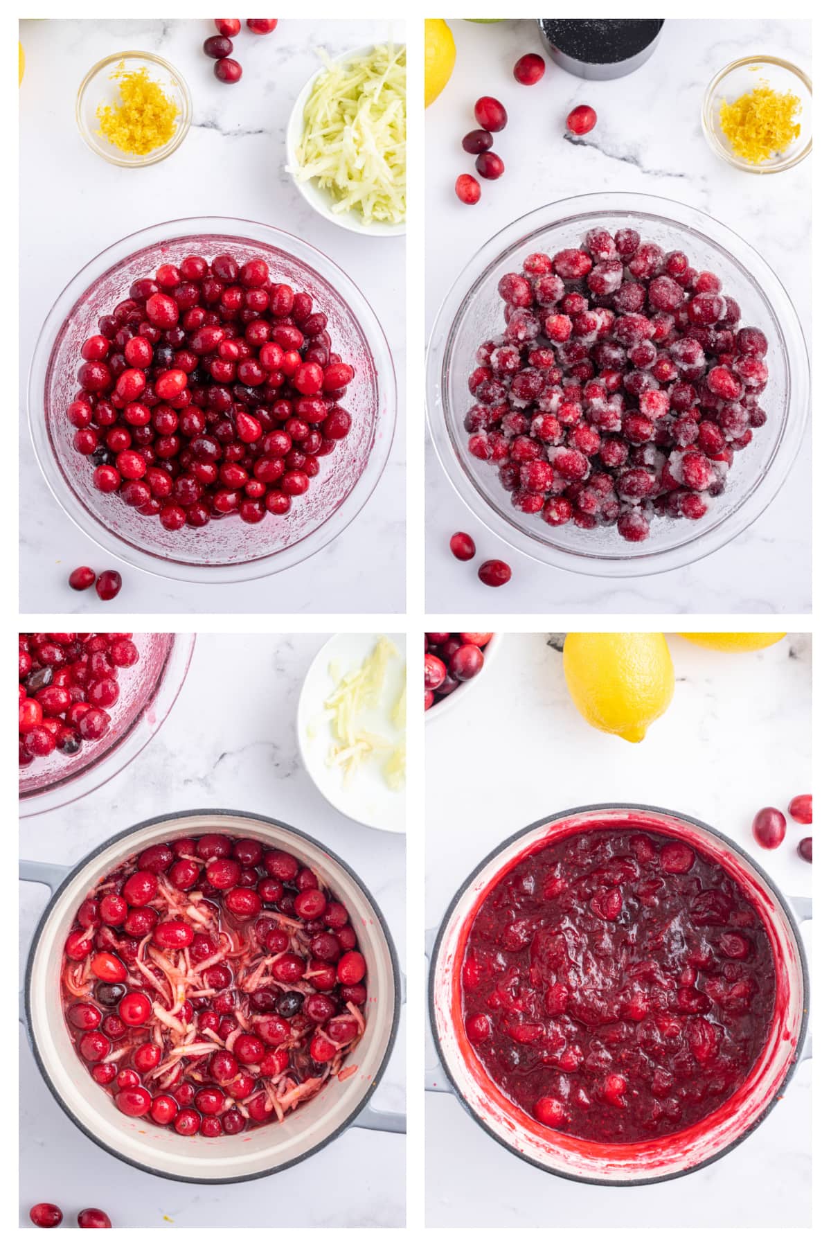 four photos showing how to make fresh cranberry jam