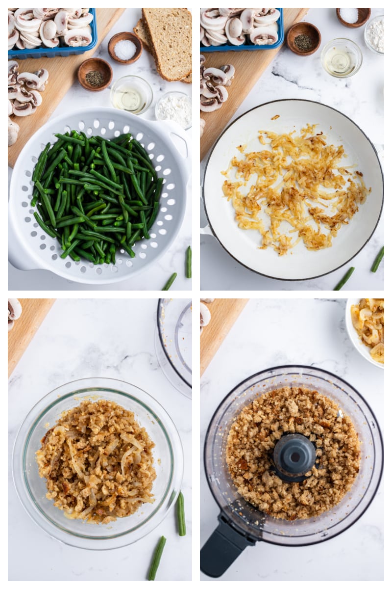 four photos- green beans, onions cooking in pan, caramelized onions and food processor with bread