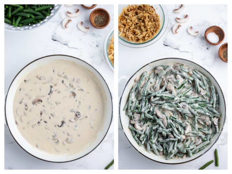 mushroom sauce in one bowl and added to green beans in 2nd bowl