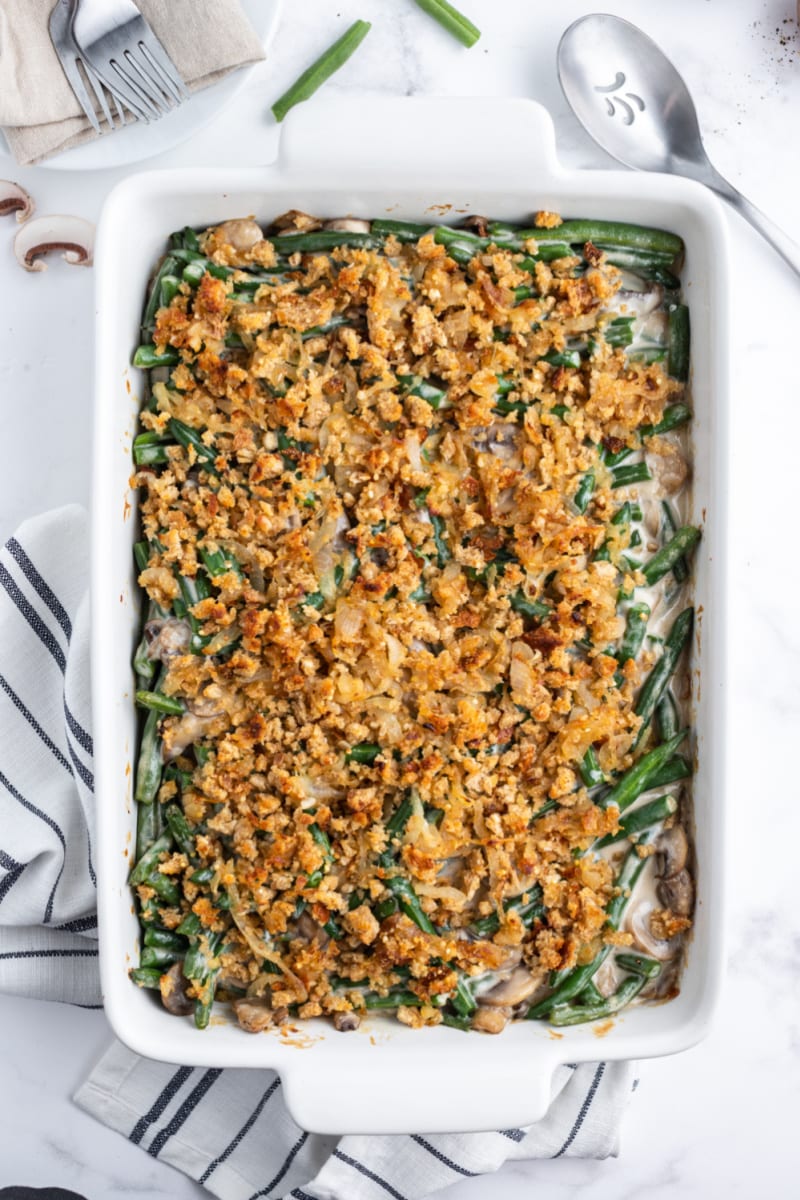 fresh green bean casserole in a white dish