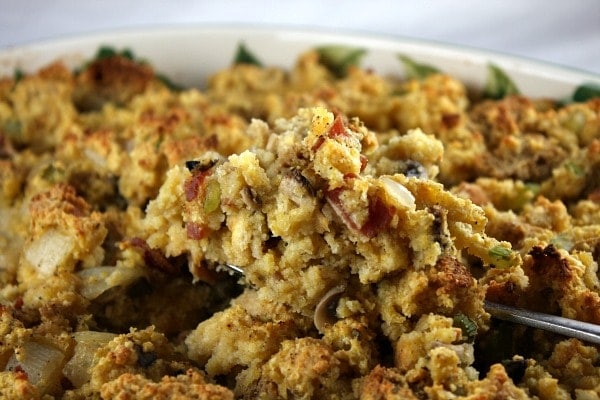 Gluten Free Cornbread and Bacon Stuffing gluten free cornbread and bacon stuffing in dish