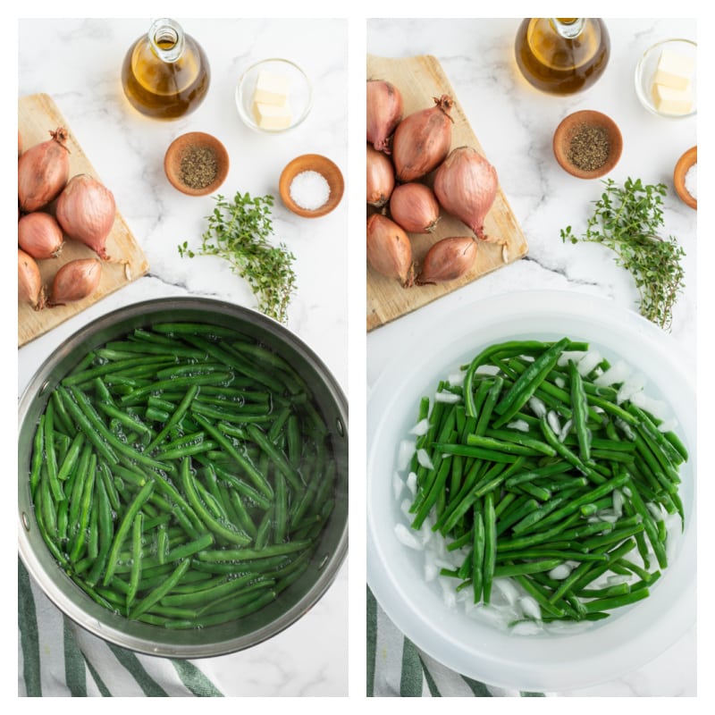 pot of boiling green beans and green beans in ice water