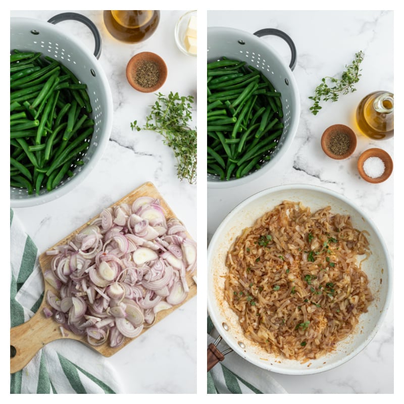 shallots chopped on board and caramelized shallots in pan