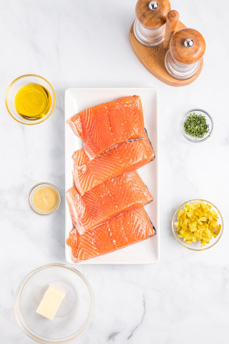 ingredients displayed for making grilled salmon with dill pickle butter