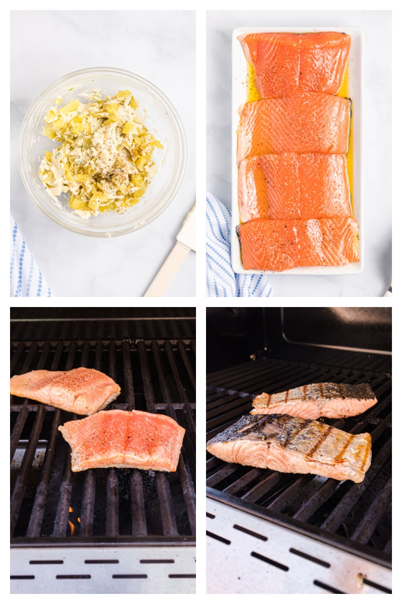 four photos dill pickle butter salmon seasoned and salmon grilling