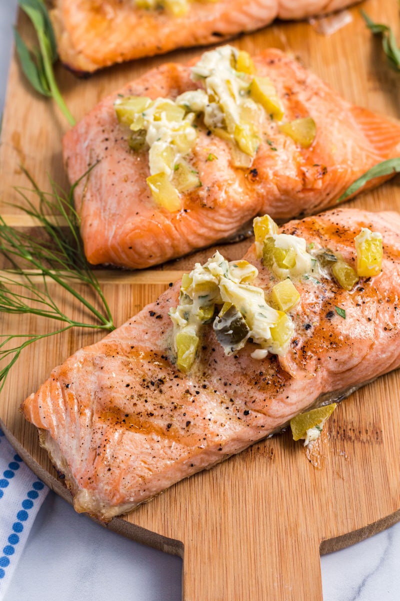 grilled salmon with dill pickle butter