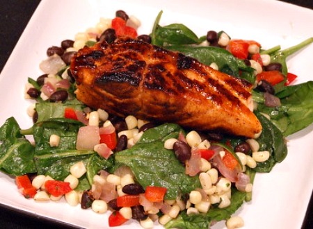 Lime and Honey Glazed Salmon served over Black Bean and Corn Salad