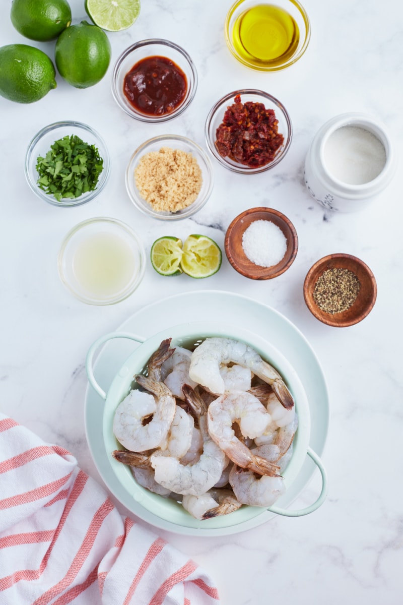 ingredients displayed for making pan seared shrimp with chipotle lime glaze