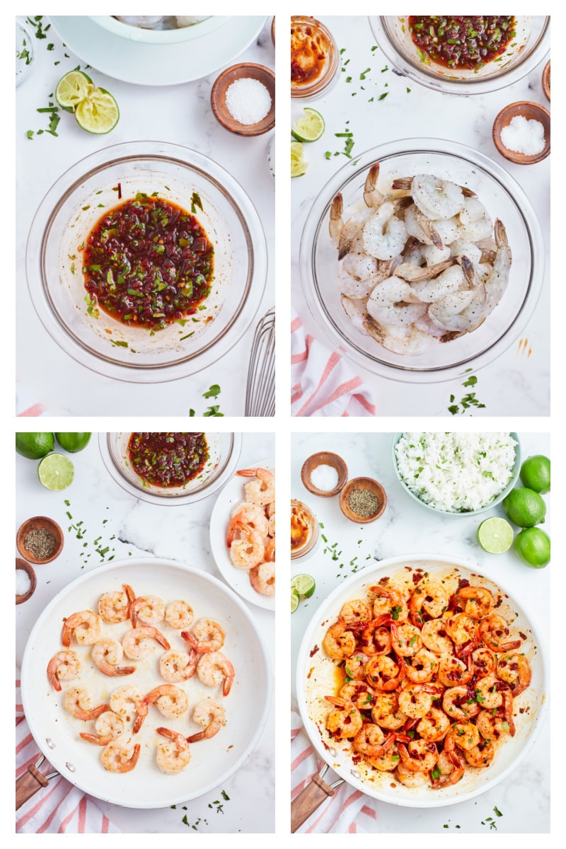 four photos showing marinade and then shrimp raw and cooked in pan