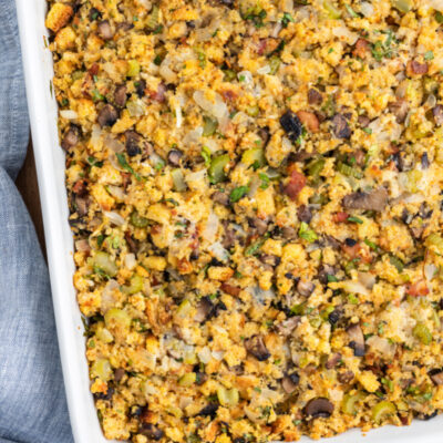 stuffing in a casserole dish