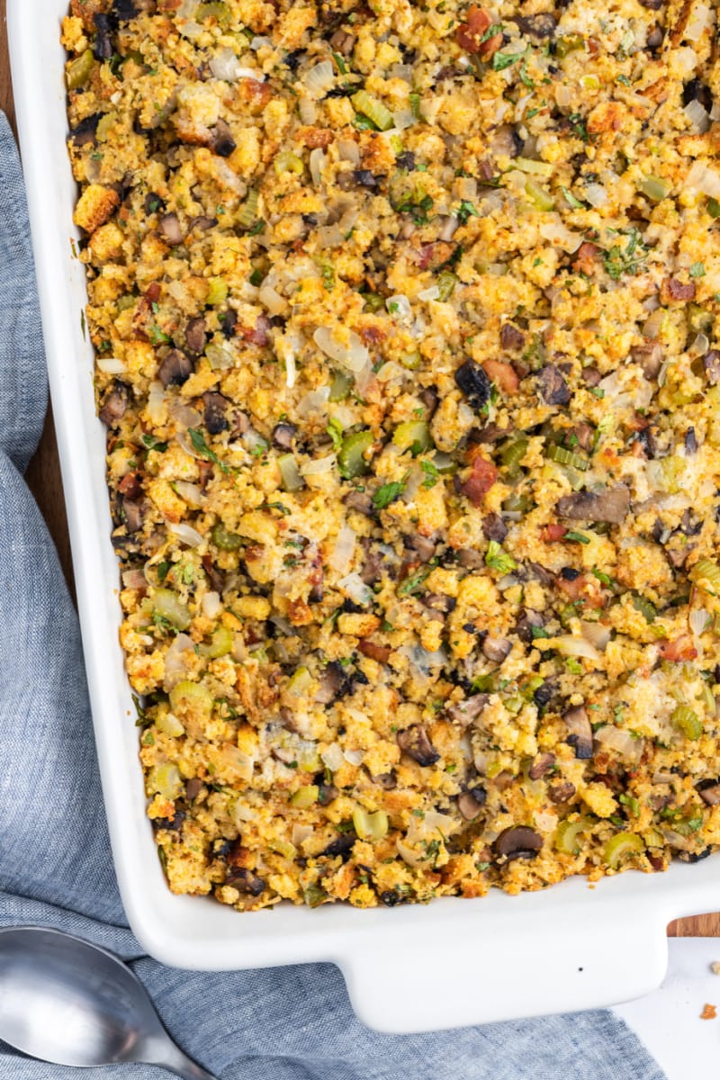 stuffing in a casserole dish