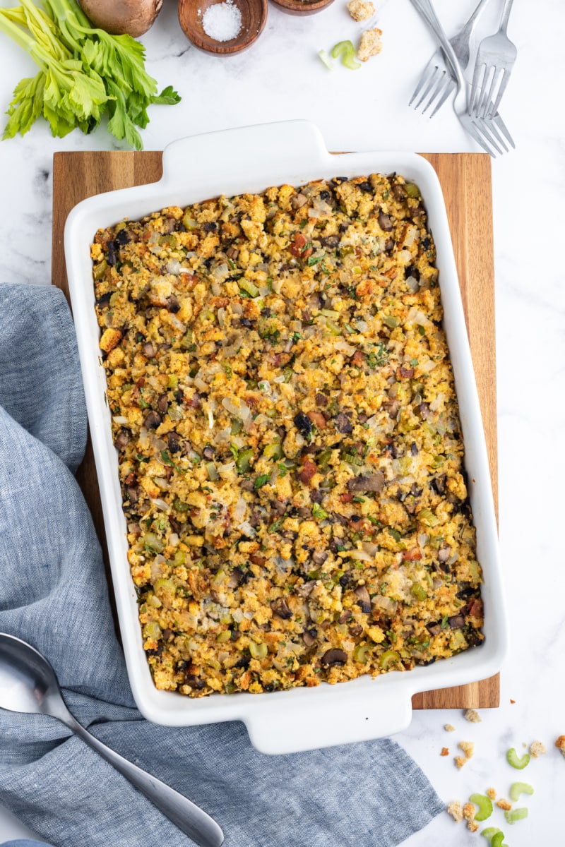 portobello stuffing in a white baking dish