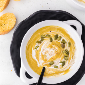 roasted butternut squash soup in a bowl