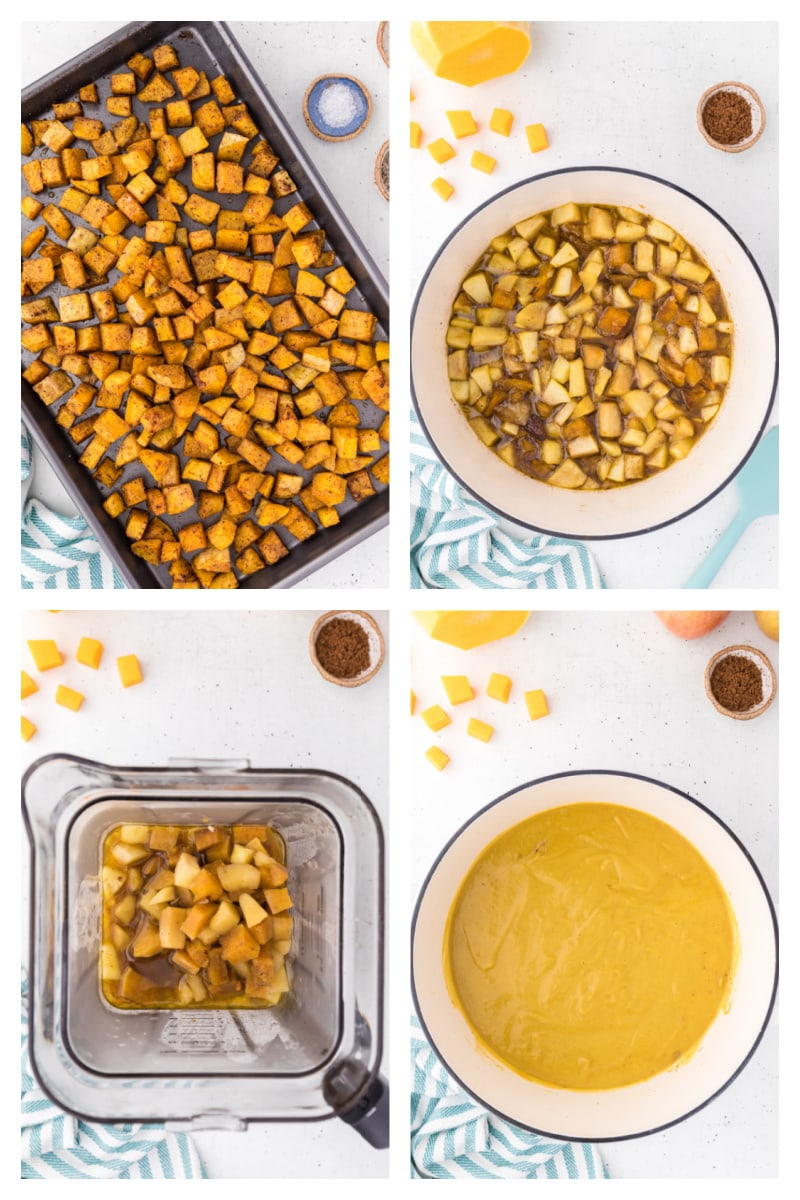 four photos showing how to make roasted butternut squash soup