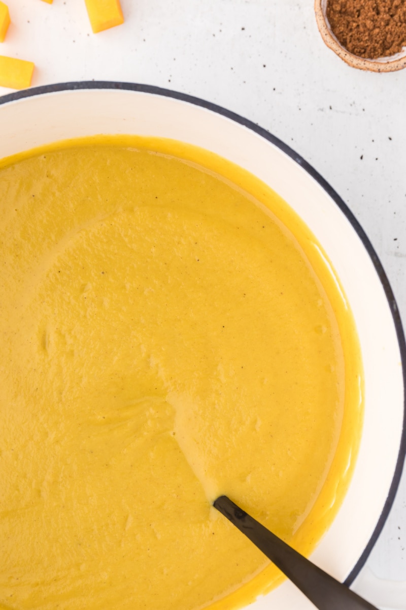 roasted butternut squash soup in a pot