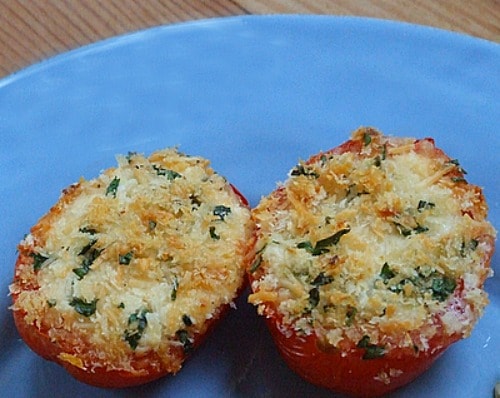 roma tomatoes stuffed with a mixture of goat cheese, lemon and panko with a little bit of pesto