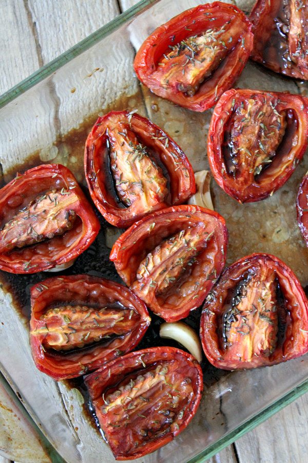 Slow Roasted Plum Tomatoes recipe from RecipeGirl.com Slow Roasted Plum Tomatoes in pan