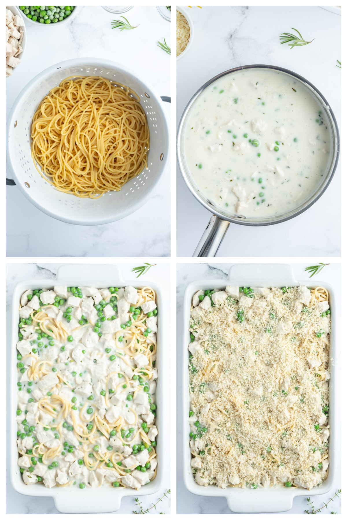 four photos showing how to make turkey tetrazzini