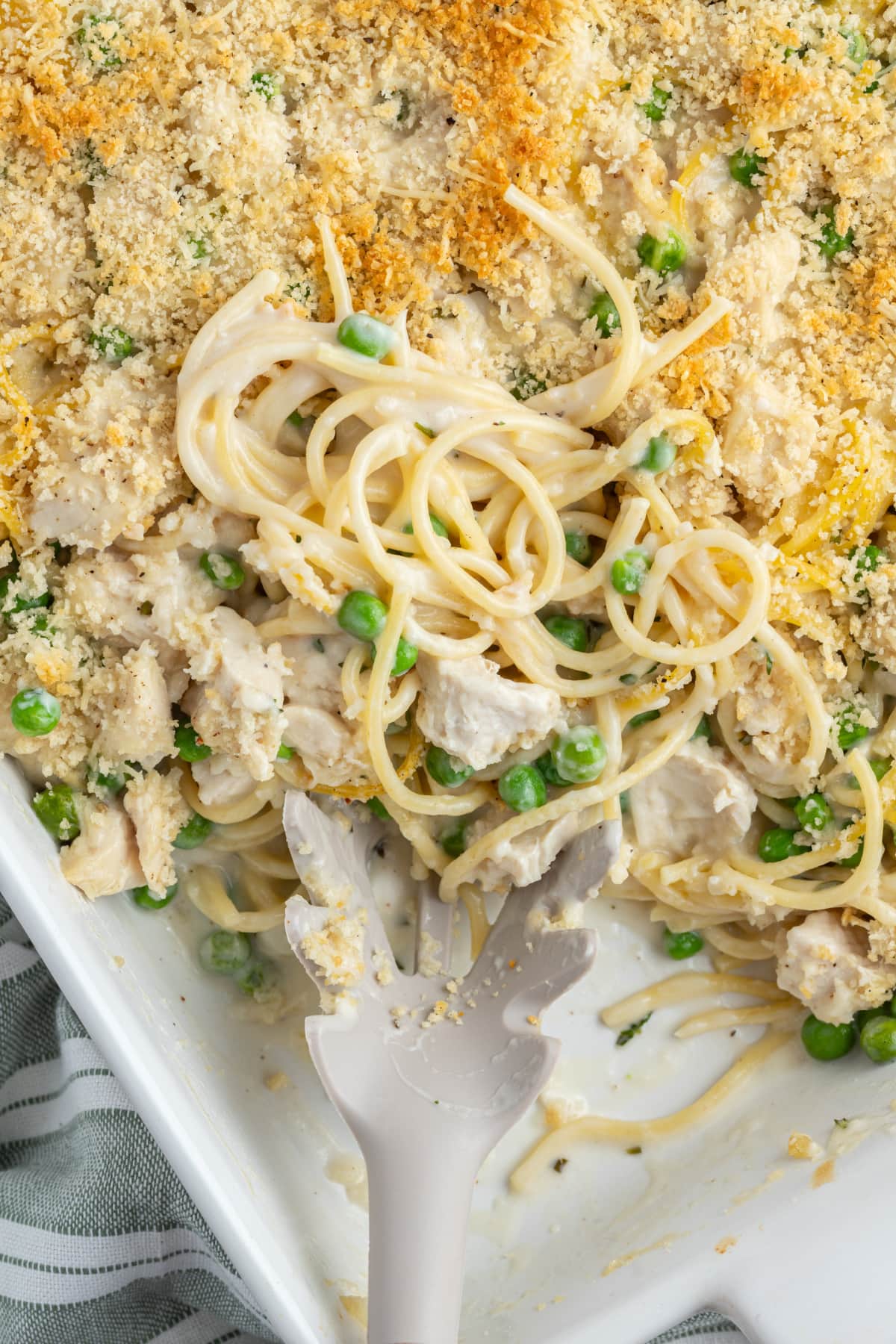 turkey tetrazzini in a casserole dish