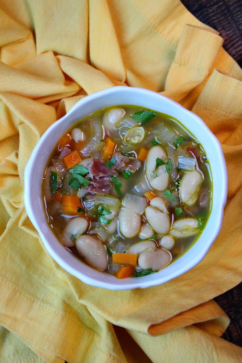 Bowl of Tuscan White Bean Soup with Prosciutto