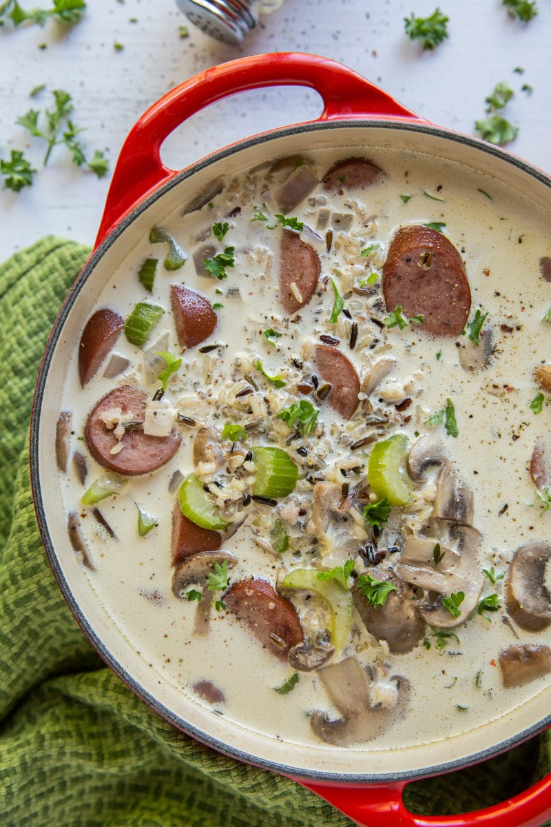 Pot of Wild Rice Mushroom and Sausage Soup