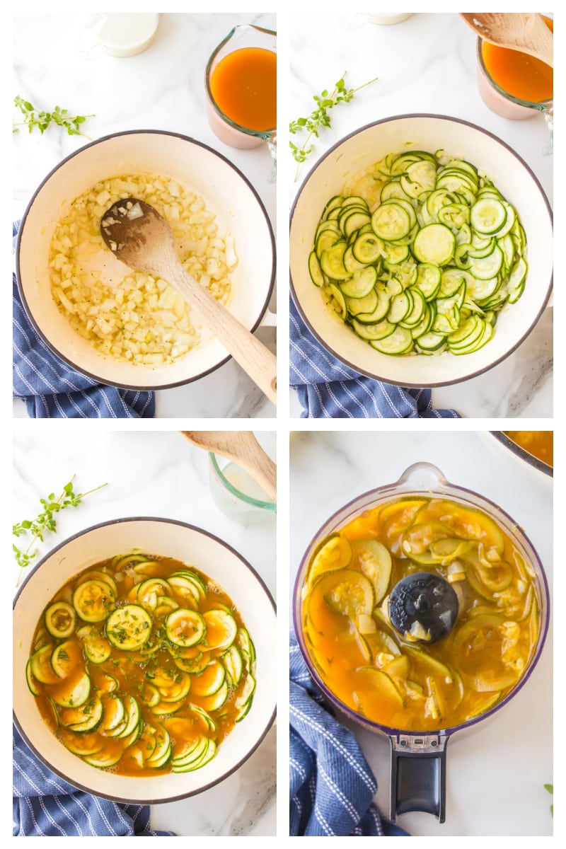 four photos showing how to make zucchini fresh oregano soup