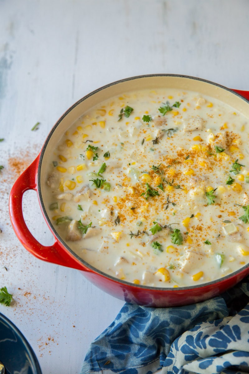 Easy Chicken Corn Chowder recipe from RecipeGirl.com #easy #chicken #corn #chowder #ww #weight #watchers #weightwatchers #recipe #RecipeGirl pot of easy chicken corn chowder