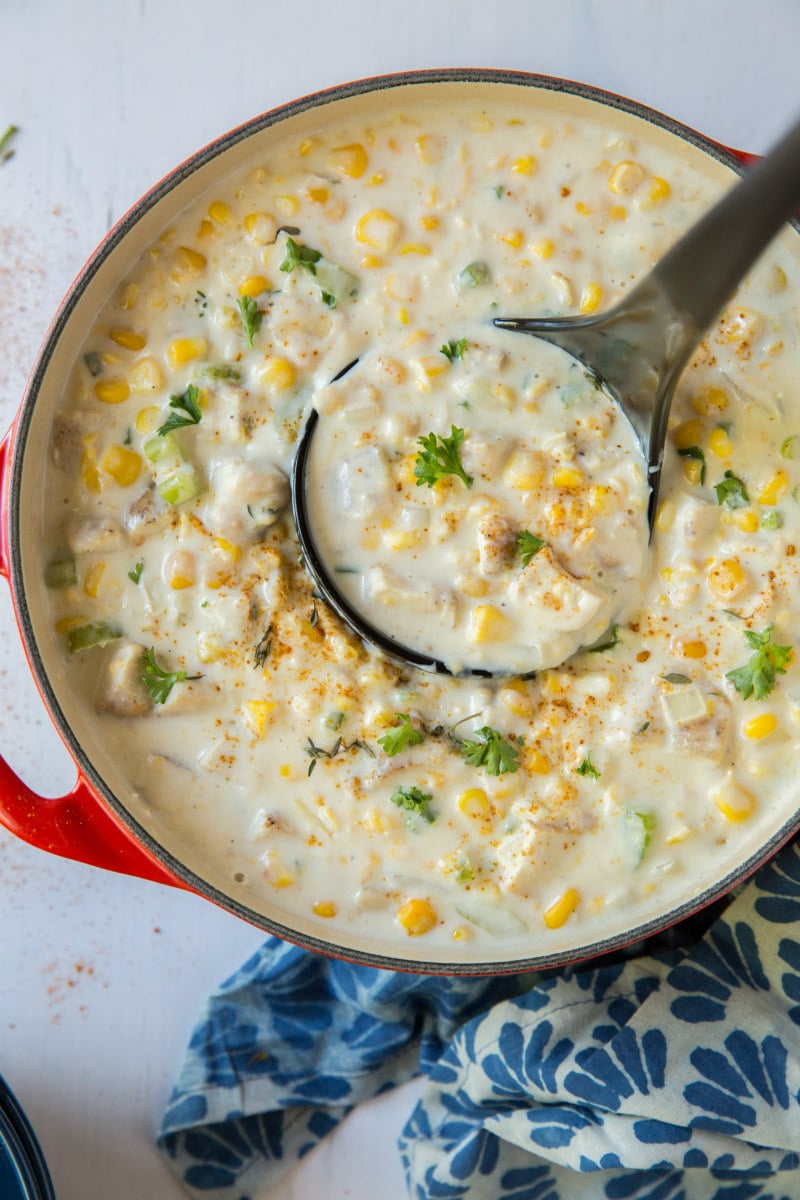 serving chicken corn chowder