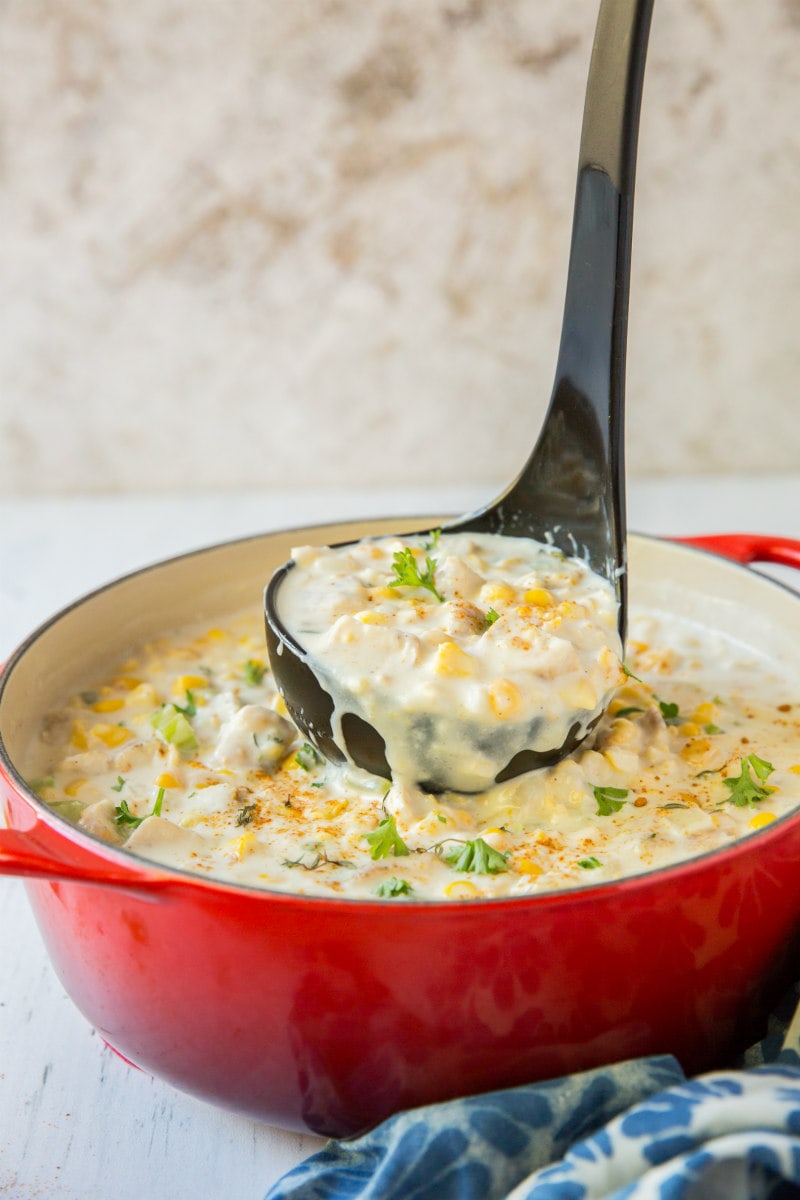 Easy Chicken Corn Chowder recipe from RecipeGirl.com #easy #chicken #corn #chowder #ww #weight #watchers #weightwatchers #recipe #RecipeGirl serving easy chicken corn chowder
