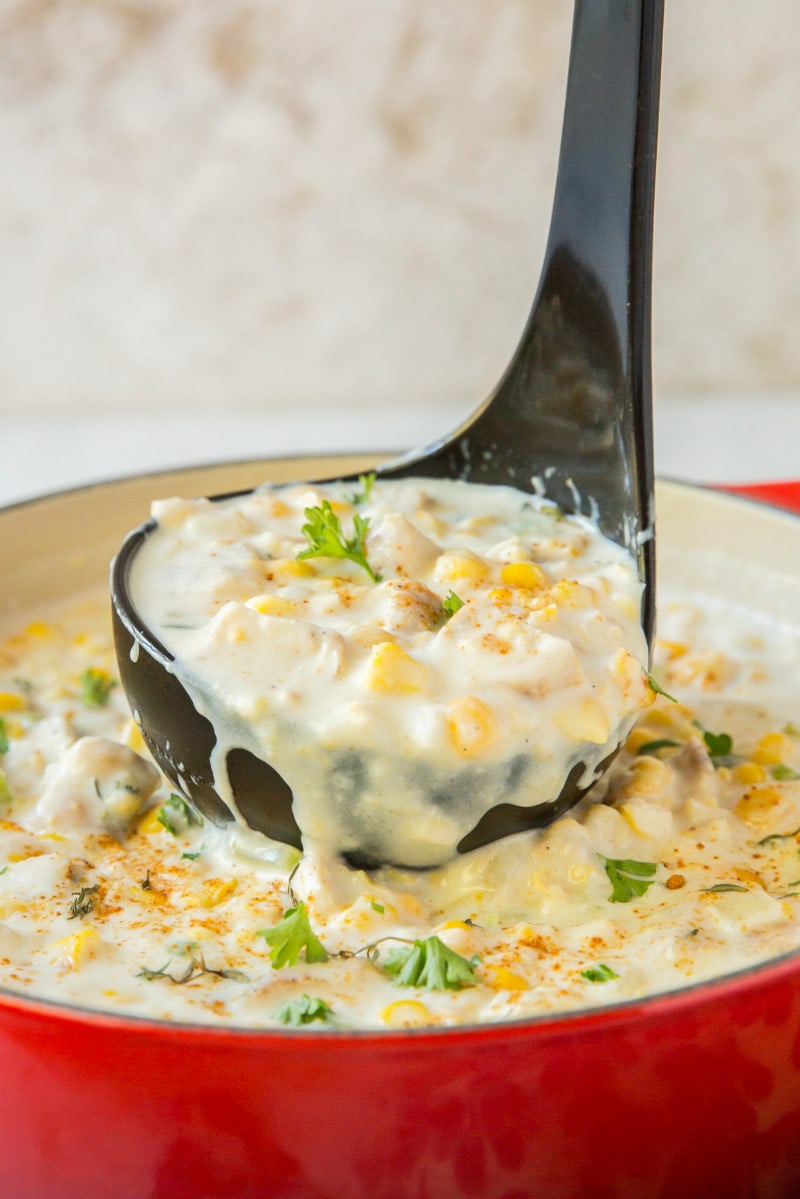 Easy Chicken Corn Chowder recipe from RecipeGirl.com #easy #chicken #corn #chowder #ww #weight #watchers #weightwatchers #recipe #RecipeGirl serving easy chicken corn chowder